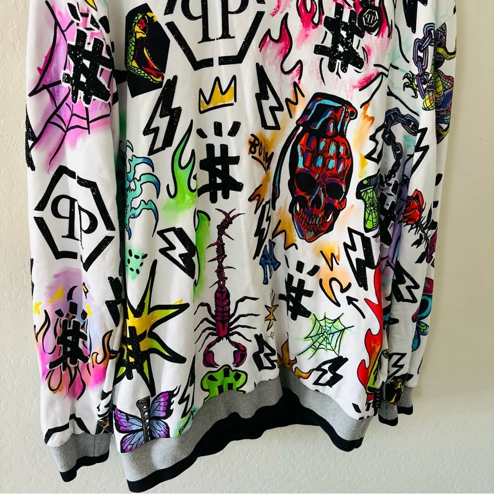 Philipp Plein Tracksuit Zipper‎ Jacket w/ Joggers Tattoo Punk Rocker White XXXL